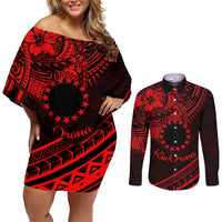 Kia Orana Cook Islands Couples Matching Off Shoulder Short Dress and Long Sleeve Button Shirt Circle Stars With Floral Red Pattern LT01 Red - Polynesian Pride