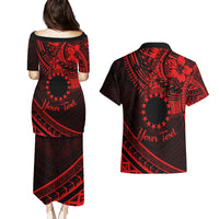 Kia Orana Cook Islands Couples Matching Puletasi Dress and Hawaiian Shirt Circle Stars With Floral Red Pattern LT01 - Polynesian Pride