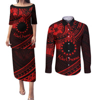 Kia Orana Cook Islands Couples Matching Puletasi Dress and Long Sleeve Button Shirt Circle Stars With Floral Red Pattern LT01 Red - Polynesian Pride