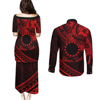 Kia Orana Cook Islands Couples Matching Puletasi Dress and Long Sleeve Button Shirt Circle Stars With Floral Red Pattern LT01 - Polynesian Pride