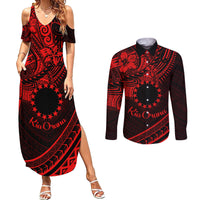 Kia Orana Cook Islands Couples Matching Summer Maxi Dress and Long Sleeve Button Shirt Circle Stars With Floral Red Pattern LT01 Red - Polynesian Pride