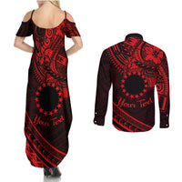 Kia Orana Cook Islands Couples Matching Summer Maxi Dress and Long Sleeve Button Shirt Circle Stars With Floral Red Pattern LT01 - Polynesian Pride