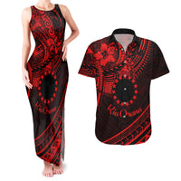 Kia Orana Cook Islands Couples Matching Tank Maxi Dress and Hawaiian Shirt Circle Stars With Floral Red Pattern LT01 Red - Polynesian Pride