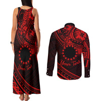 Kia Orana Cook Islands Couples Matching Tank Maxi Dress and Long Sleeve Button Shirt Circle Stars With Floral Red Pattern LT01 - Polynesian Pride