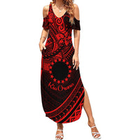 Kia Orana Cook Islands Family Matching Summer Maxi Dress and Hawaiian Shirt Circle Stars With Floral Red Pattern LT01 Mom's Dress Red - Polynesian Pride
