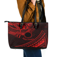 Kia Orana Cook Islands Leather Tote Bag Circle Stars With Floral Red Pattern LT01 - Polynesian Pride