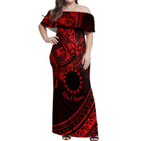 Kia Orana Cook Islands Off Shoulder Maxi Dress Circle Stars With Floral Red Pattern LT01 Women Red - Polynesian Pride