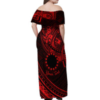 Kia Orana Cook Islands Off Shoulder Maxi Dress Circle Stars With Floral Red Pattern LT01 - Polynesian Pride