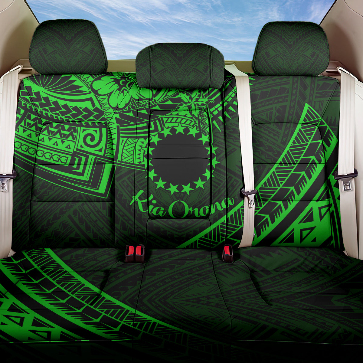 Kia Orana Cook Islands Back Car Seat Cover Circle Stars With Floral Green Pattern LT01 One Size Green - Polynesian Pride