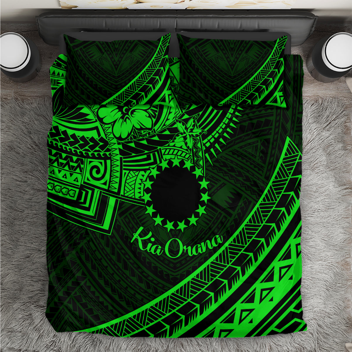 Kia Orana Cook Islands Bedding Set Circle Stars With Floral Green Pattern LT01 Green - Polynesian Pride