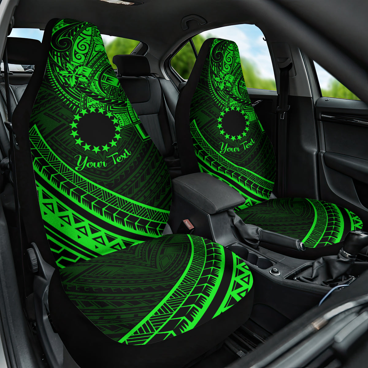 Kia Orana Cook Islands Car Seat Cover Circle Stars With Floral Green Pattern LT01 One Size Green - Polynesian Pride