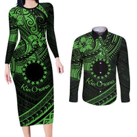 Kia Orana Cook Islands Couples Matching Long Sleeve Bodycon Dress and Long Sleeve Button Shirt Circle Stars With Floral Green Pattern LT01