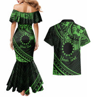 Kia Orana Cook Islands Couples Matching Mermaid Dress and Hawaiian Shirt Circle Stars With Floral Green Pattern LT01