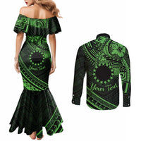 Kia Orana Cook Islands Couples Matching Mermaid Dress and Long Sleeve Button Shirt Circle Stars With Floral Green Pattern LT01