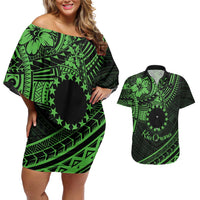Kia Orana Cook Islands Couples Matching Off Shoulder Short Dress and Hawaiian Shirt Circle Stars With Floral Green Pattern LT01