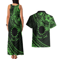 Kia Orana Cook Islands Couples Matching Tank Maxi Dress and Hawaiian Shirt Circle Stars With Floral Green Pattern LT01