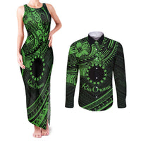 Kia Orana Cook Islands Couples Matching Tank Maxi Dress and Long Sleeve Button Shirt Circle Stars With Floral Green Pattern LT01