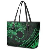 Kia Orana Cook Islands Leather Tote Bag Circle Stars With Floral Green Pattern LT01