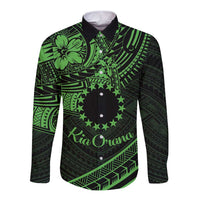 Kia Orana Cook Islands Long Sleeve Button Shirt Circle Stars With Floral Green Pattern LT01