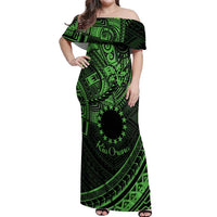 Kia Orana Cook Islands Off Shoulder Maxi Dress Circle Stars With Floral Green Pattern LT01