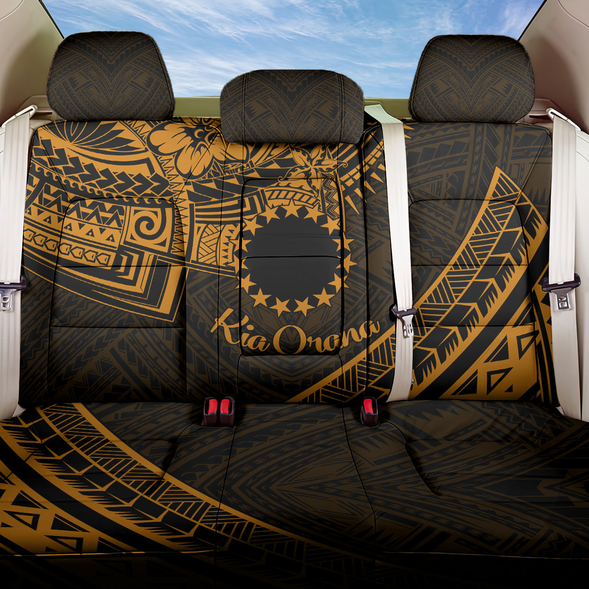 Kia Orana Cook Islands Back Car Seat Cover Circle Stars With Floral Gold Pattern LT01 One Size Gold - Polynesian Pride