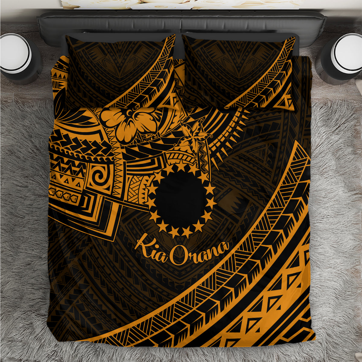 Kia Orana Cook Islands Bedding Set Circle Stars With Floral Gold Pattern LT01 Gold - Polynesian Pride