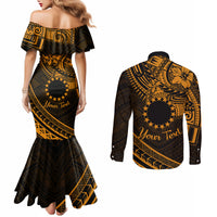 Kia Orana Cook Islands Couples Matching Mermaid Dress and Long Sleeve Button Shirt Circle Stars With Floral Gold Pattern LT01 - Polynesian Pride