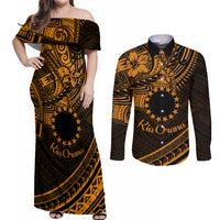 Kia Orana Cook Islands Couples Matching Off Shoulder Maxi Dress and Long Sleeve Button Shirt Circle Stars With Floral Gold Pattern LT01 Gold - Polynesian Pride