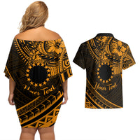 Kia Orana Cook Islands Couples Matching Off Shoulder Short Dress and Hawaiian Shirt Circle Stars With Floral Gold Pattern LT01 - Polynesian Pride