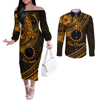 Kia Orana Cook Islands Couples Matching Off The Shoulder Long Sleeve Dress and Long Sleeve Button Shirt Circle Stars With Floral Gold Pattern LT01 Gold - Polynesian Pride