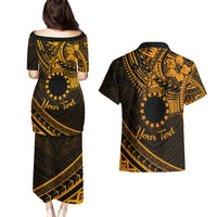 Kia Orana Cook Islands Couples Matching Puletasi Dress and Hawaiian Shirt Circle Stars With Floral Gold Pattern LT01 - Polynesian Pride
