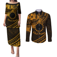 Kia Orana Cook Islands Couples Matching Puletasi Dress and Long Sleeve Button Shirt Circle Stars With Floral Gold Pattern LT01 Gold - Polynesian Pride