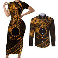 Kia Orana Cook Islands Couples Matching Short Sleeve Bodycon Dress and Long Sleeve Button Shirt Circle Stars With Floral Gold Pattern LT01 Gold - Polynesian Pride