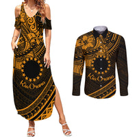 Kia Orana Cook Islands Couples Matching Summer Maxi Dress and Long Sleeve Button Shirt Circle Stars With Floral Gold Pattern LT01 Gold - Polynesian Pride