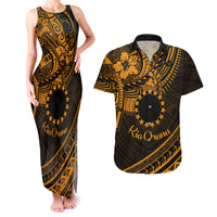 Kia Orana Cook Islands Couples Matching Tank Maxi Dress and Hawaiian Shirt Circle Stars With Floral Gold Pattern LT01 Gold - Polynesian Pride