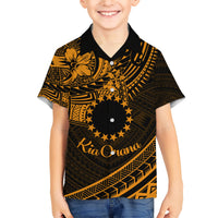 Kia Orana Cook Islands Family Matching Short Sleeve Bodycon Dress and Hawaiian Shirt Circle Stars With Floral Gold Pattern LT01 Son's Shirt Gold - Polynesian Pride