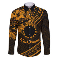 Kia Orana Cook Islands Family Matching Tank Maxi Dress and Hawaiian Shirt Circle Stars With Floral Gold Pattern LT01 Dad's Shirt - Long Sleeve Gold - Polynesian Pride