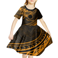 Kia Orana Cook Islands Kid Short Sleeve Dress Circle Stars With Floral Gold Pattern LT01 - Polynesian Pride