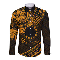 Kia Orana Cook Islands Long Sleeve Button Shirt Circle Stars With Floral Gold Pattern LT01 Unisex Gold - Polynesian Pride