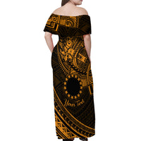 Kia Orana Cook Islands Off Shoulder Maxi Dress Circle Stars With Floral Gold Pattern LT01 - Polynesian Pride