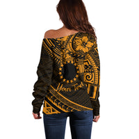 Kia Orana Cook Islands Off Shoulder Sweater Circle Stars With Floral Gold Pattern LT01 - Polynesian Pride
