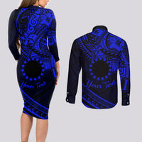 Kia Orana Cook Islands Couples Matching Long Sleeve Bodycon Dress and Long Sleeve Button Shirt Circle Stars With Floral Navy Blue Pattern LT01 - Polynesian Pride