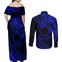 Kia Orana Cook Islands Couples Matching Off Shoulder Maxi Dress and Long Sleeve Button Shirt Circle Stars With Floral Navy Blue Pattern LT01 - Polynesian Pride