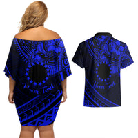 Kia Orana Cook Islands Couples Matching Off Shoulder Short Dress and Hawaiian Shirt Circle Stars With Floral Navy Blue Pattern LT01 - Polynesian Pride