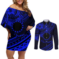 Kia Orana Cook Islands Couples Matching Off Shoulder Short Dress and Long Sleeve Button Shirt Circle Stars With Floral Navy Blue Pattern LT01 Blue - Polynesian Pride
