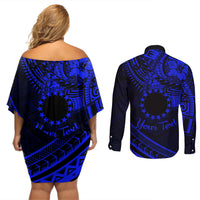 Kia Orana Cook Islands Couples Matching Off Shoulder Short Dress and Long Sleeve Button Shirt Circle Stars With Floral Navy Blue Pattern LT01 - Polynesian Pride