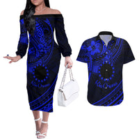 Kia Orana Cook Islands Couples Matching Off The Shoulder Long Sleeve Dress and Hawaiian Shirt Circle Stars With Floral Navy Blue Pattern LT01 Blue - Polynesian Pride