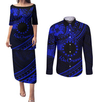 Kia Orana Cook Islands Couples Matching Puletasi Dress and Long Sleeve Button Shirt Circle Stars With Floral Navy Blue Pattern LT01 Blue - Polynesian Pride