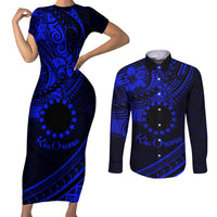Kia Orana Cook Islands Couples Matching Short Sleeve Bodycon Dress and Long Sleeve Button Shirt Circle Stars With Floral Navy Blue Pattern LT01 Blue - Polynesian Pride