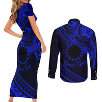 Kia Orana Cook Islands Couples Matching Short Sleeve Bodycon Dress and Long Sleeve Button Shirt Circle Stars With Floral Navy Blue Pattern LT01 - Polynesian Pride